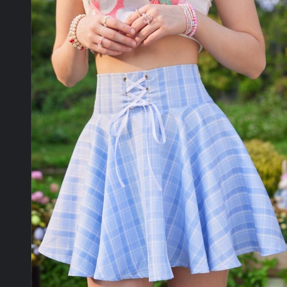 ROMWE Plaid Print Lace Up Front Skirt